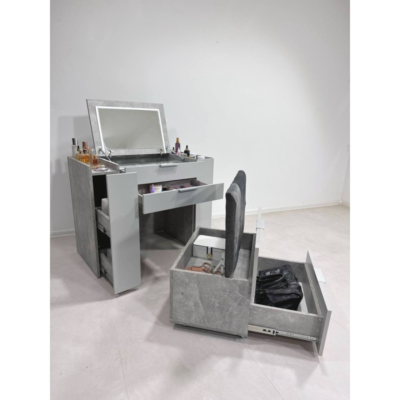 Трюмо-Трансформер  Grey 3 в 1 з LED та Виїзним Пуфом | Сірий Бетон та Сірий Фасад