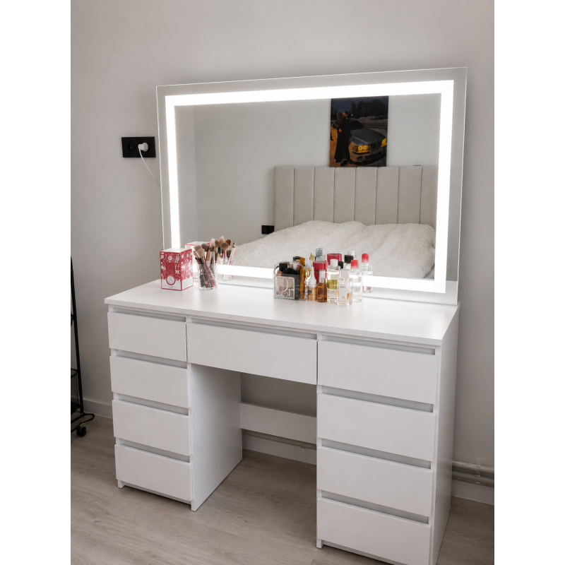 Професійний макіяжний стіл Luxe Beauty Station з LED-контуром та 9 шухлядами