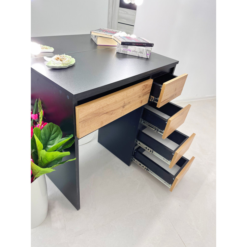 Компактний Гримерний Стіл Black Wood 5 шухляд з дзеркалом та підсвіткою