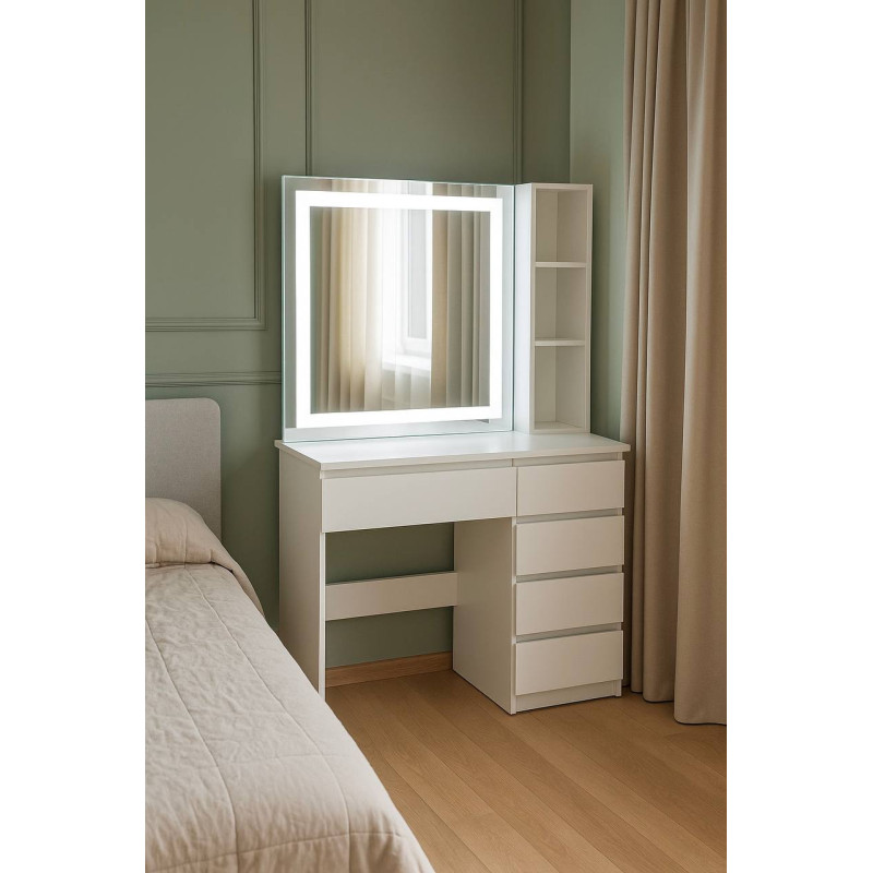 Гримерний Стіл White LED Glam Білий, з 5 Шухлядами та Професійною Фронтальною LED-Підсвіткою