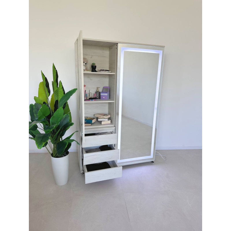 Універсальна Шафа-Купе Smart Organizer з Інтегрованим Висувним Дзеркалом та Закритими Полицями у кольорі Дуб Крафт Білий