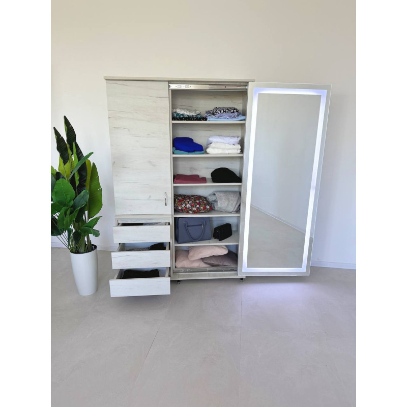 Універсальна Шафа-Купе Smart Organizer з Інтегрованим Висувним Дзеркалом та Закритими Полицями у кольорі Дуб Крафт Білий