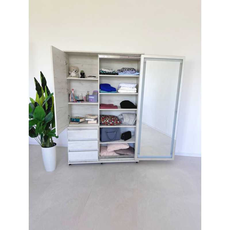 Універсальна Шафа-Купе Smart Organizer з Інтегрованим Висувним Дзеркалом та Закритими Полицями у кольорі Дуб Крафт Білий